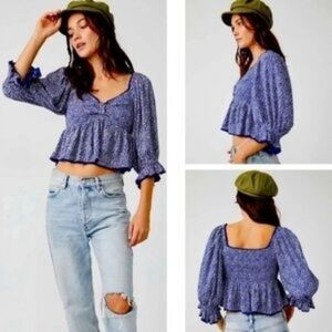 Free People Indigo Floral Crop Top. NWT Size Small
